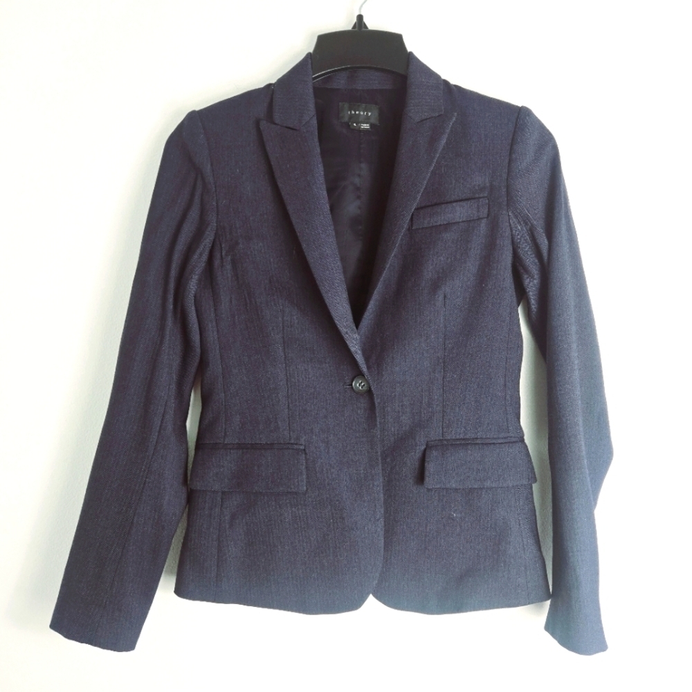 Theory Wool Blend Long Sleeves Navy Blue Office Blazer